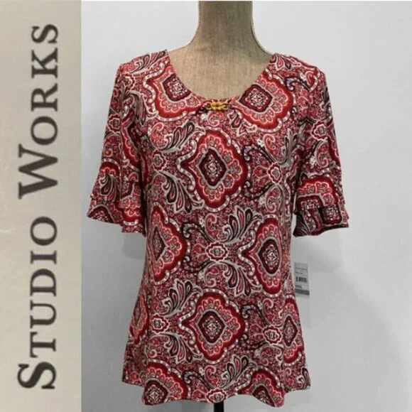 Studio Works Red Short Ruffle Sleeve Top Medium​​​ - Picture 2 of 12